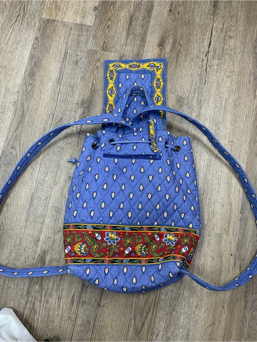 Vera Bradley Blue Quilted Drawstring Backpack with Red Floral Border